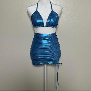 Sorella Shiny Metallic Blue Triangle Top Raunched Skirt 2 Piece Set